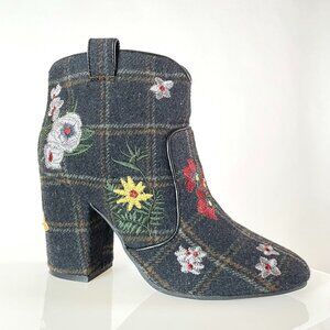 Under $20 Gem | Grey Flannel Plaid Floral Embroidered Boots | Anthropologie